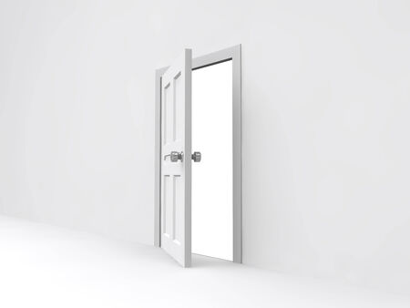 Opened door with empty white wall の写真素材
