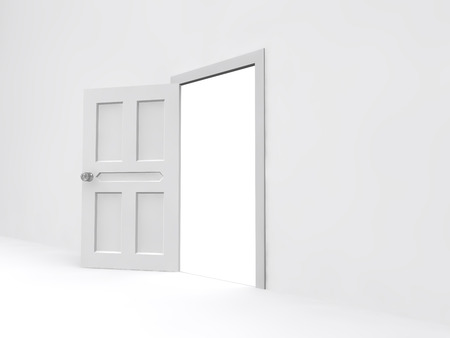 Opened door with empty white wall の写真素材