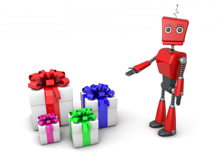 red robotic toy and christmas giftsの写真素材