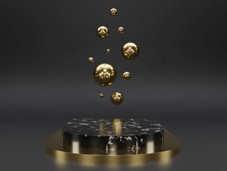 Marble pedestals or podiums with golden frames and decor 3d renderingの写真素材