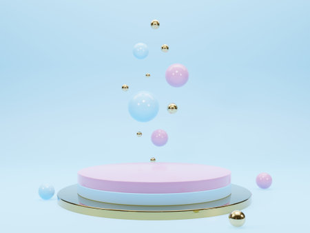 Marble pedestals or podiums with golden frames and decor 3d renderingの写真素材