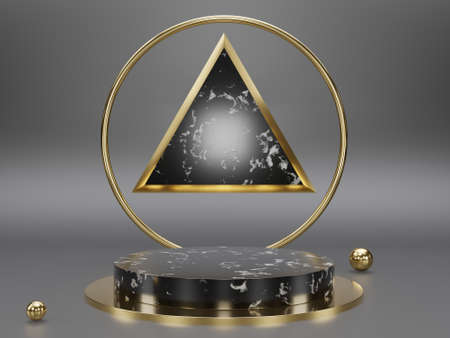Marble pedestals or podiums with golden frames and decor 3d renderingの写真素材