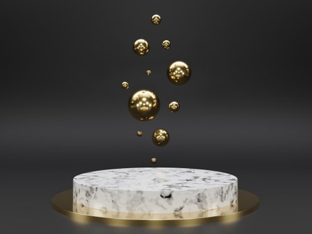 Marble pedestals or podiums with golden frames and decor 3d renderingの写真素材