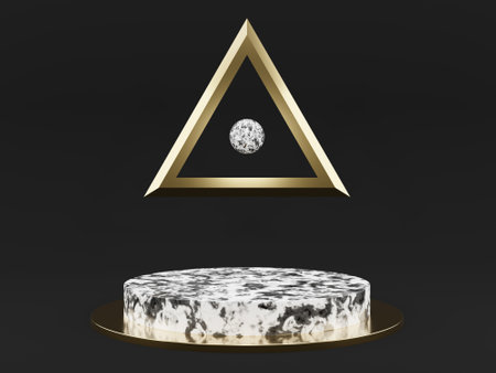 Marble pedestals or podiums with golden frames and decor 3d renderingの写真素材