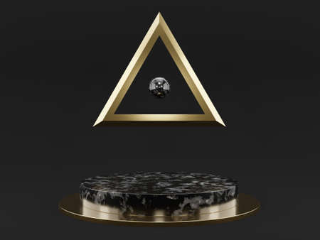 Marble pedestals or podiums with golden frames and decor 3d renderingの写真素材
