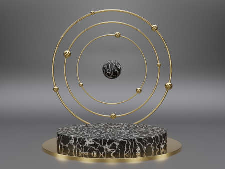 Marble pedestals or podiums with golden frames and decor 3d renderingの写真素材