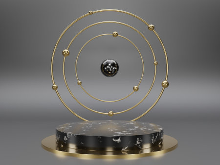 Marble pedestals or podiums with golden frames and decor 3d renderingの写真素材