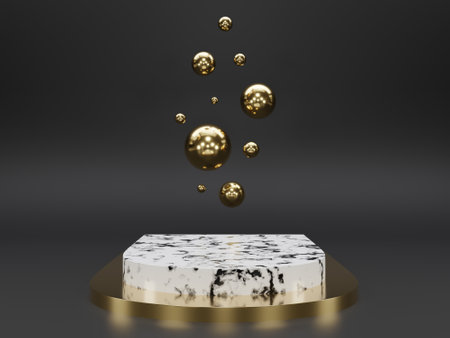 Marble pedestals or podiums with golden frames and decor 3d renderingの写真素材
