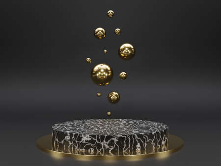 Marble pedestals or podiums with golden frames and decor 3d renderingの写真素材