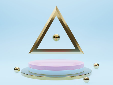 Marble pedestals or podiums with golden frames and decor 3d renderingの写真素材