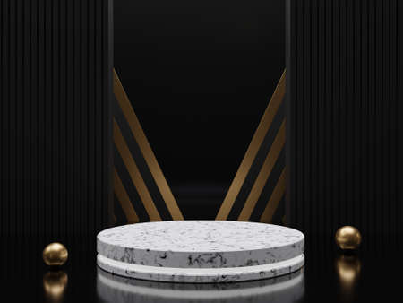 Marble pedestals or podiums with golden frames and decor 3d renderingの写真素材