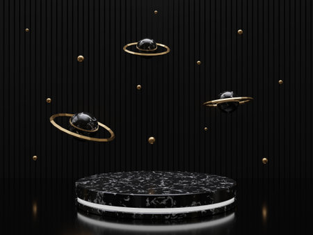 Marble pedestals or podiums with golden frames and decor 3d renderingの写真素材