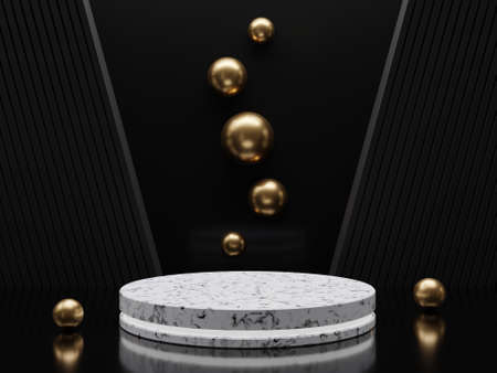 Marble pedestals or podiums with golden frames and decor 3d renderingの写真素材