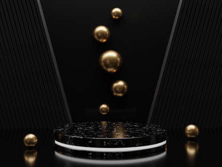 Marble pedestals or podiums with golden frames and decor 3d renderingの写真素材