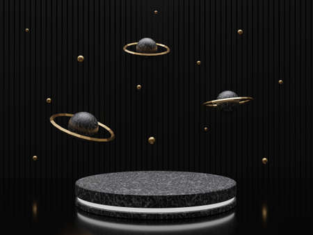 Marble pedestals or podiums with golden frames and decor 3d renderingの写真素材