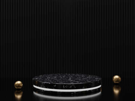 Marble pedestals or podiums with golden frames and decor 3d renderingの写真素材