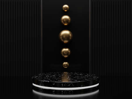 Marble pedestals or podiums with golden frames and decor 3d renderingの写真素材