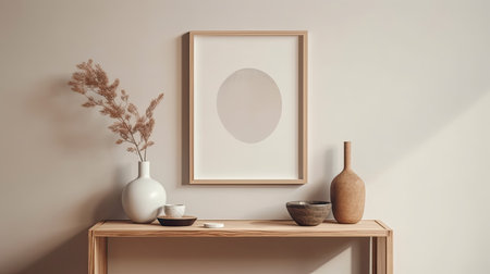 Stylish interior of living room with mock up poster frame, wooden commode, book, leaf in ceramic vase and elegant personal accessories. Minimalist concept of home decor. Template.の素材