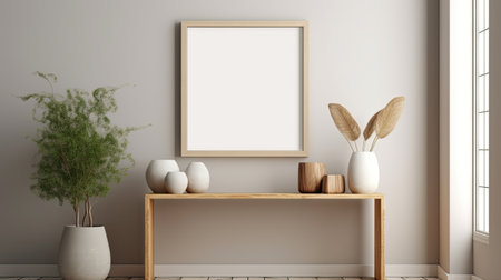 Stylish interior of living room with mock up poster frame, wooden commode, book, leaf in ceramic vase and elegant personal accessories. Minimalist concept of home decor. Template.の素材