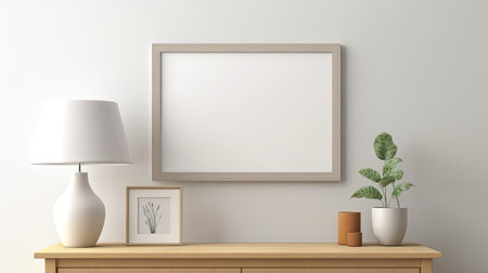 Stylish interior of living room with mock up poster frame, wooden commode, book, leaf in ceramic vase and elegant personal accessories. Minimalist concept of home decor. Template.の素材