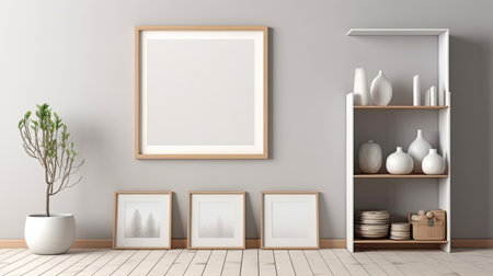 Stylish interior of living room with mock up poster frame, wooden commode, book, leaf in ceramic vase and elegant personal accessories. Minimalist concept of home decor. Template.の素材