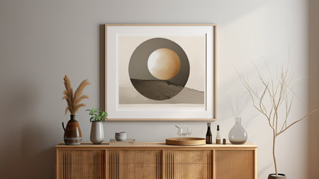 Stylish interior of living room with mock up poster frame, wooden commode, book, leaf in ceramic vase and elegant personal accessories. Minimalist concept of home decor. Template.の素材