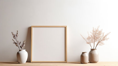 Stylish interior of living room with mock up poster frame, wooden commode, book, leaf in ceramic vase and elegant personal accessories. Minimalist concept of home decor. Template.の素材