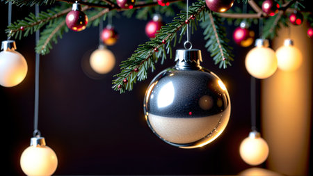 Christmas and New Year background with Christmas tree branches, balls and lightsの素材