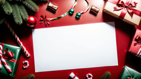 Christmas background. Top view of christmas decorations and gift boxes on red background.の素材