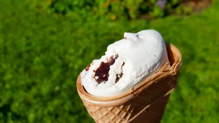 bitten ice cream in a waffle cup with chocolate filling. Bitten white ice cream with caramel on a background of green grass in summer.の写真素材