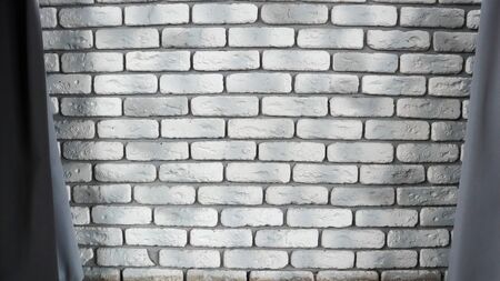 brick concrete room, background presentation. Wall of gray decorative stone with gray textile curtains on the sides with copy space in the center.の写真素材