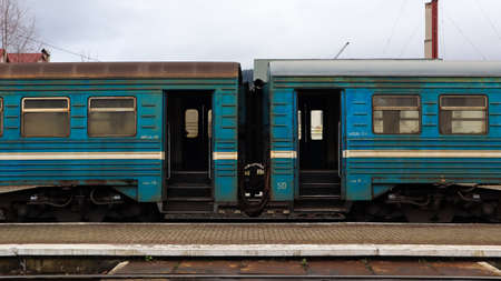 Ukraine, Yaremche - November 20, 2019: train at the station on a background of mountains. Unique...