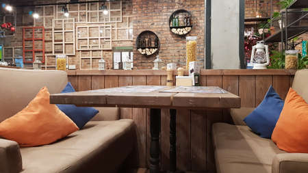 Ukraine, Kiev - June 2, 2020. Italian restaurant with a traditional interior. Bright pizzeria design...