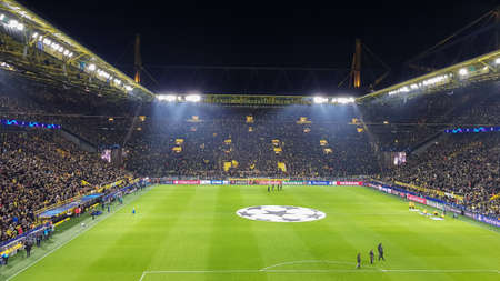 Germany, Dortmund - February 18, 2020. Borussia fans celebrate their teams victory during a match at the BVB home stadium with the French team Paris Saint - Germain, PSG.のeditorial素材