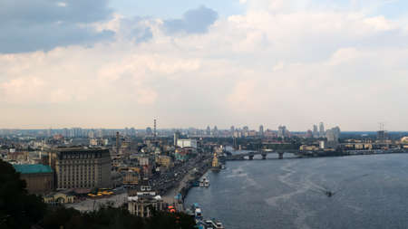 Top view of the old historical part of the city of Kiev. Vozdvizhenka area on Podol and the Dnieper...