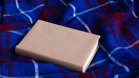 Cozy still life. A closed book with a warm blue and red woolen plaid blanket. Free copy space....