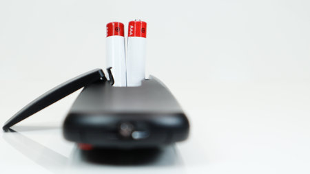 Black TV remote control with AAA alkaline batteries on a white background. Battery replacement, spare parts. Close up of the battery compartment of the remote control.の写真素材