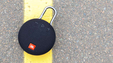 Waterproof round Bluetooth-speakers JBL Clip 3 in black color with a carabiner. Digital music and...