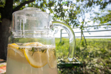 Homemade lemonade made from lemons in a large glass jug on the table in the garden. A jug with lemon and mint stands on the street against the backdrop of greenery on a hot summer dayの写真素材