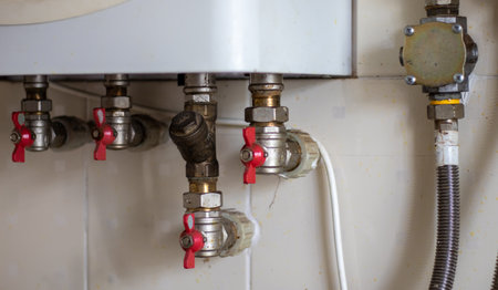 Hidden water taps for connecting a gas boiler on a tiled wall. Plumbing connections for a domestic double-circuit gas boiler. Pipes of the heating system. Installing a gas boiler with red taps.の写真素材