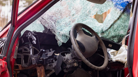 Broken windshield from a car accident. The windshield of the car was broken. Broken windproof car accident. Car accident. A window repair company will come to you to replace the broken glass.の写真素材