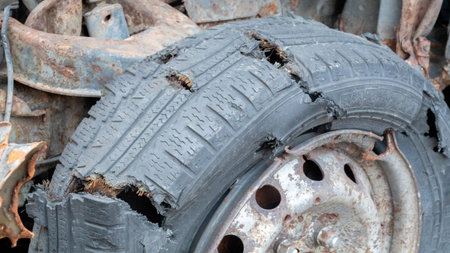 The police shot through the wheel while chasing the offender. Bullet hole in a wheel tire close-up.の写真素材
