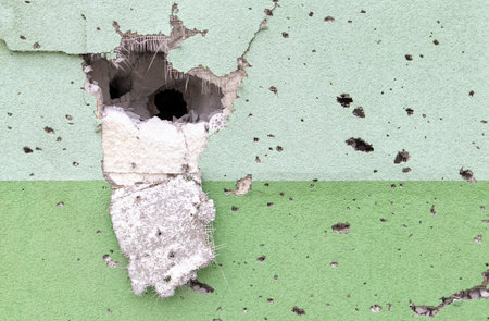 Holes from bullets and shrapnel in the wall on the front line. Scars of war. Concrete wall of a residential building with potholes and holes from gunfire. Consequences of the war in Ukraine.の写真素材