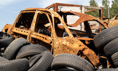 Garbage from a pile of black old car tires. environmental pollution. ecological problems. Old car...