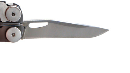 A steel multi-tool with an open knife blade lies on a white background. Pocket open folding knife....