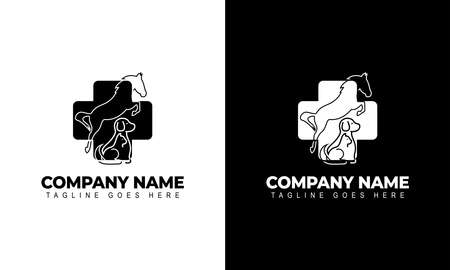 Horse Dog Cat Animal Clinic Logo Template. Line symbol in negative vector logo. Stylish silhouette cross combined with dogs and cats. This is great for pet stores, clinics, grooming, or any other petのイラスト素材