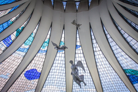 View of the stained glass roof inside the Brasilia cathedralのeditorial素材