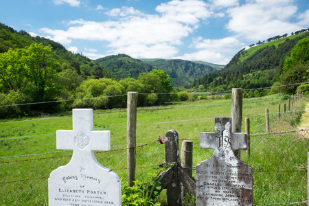 Historic gravestones and a view of the valley at Glendalough, Irelandのeditorial素材