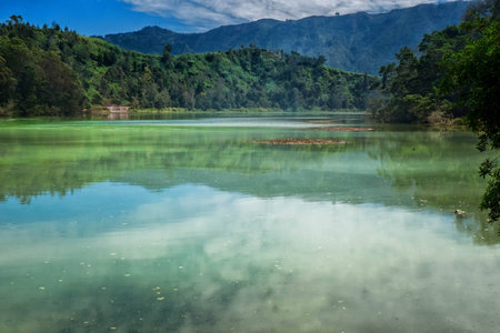 View of volcanic lake in Central Java, Indonesiaの写真素材