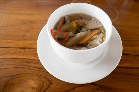 Mushroom soup served in a white bowl